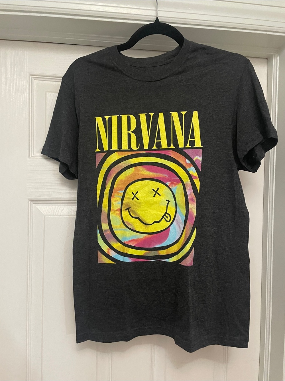 NWT NIRVANA Black Short Sleeve Tee with Yellow & Tie-Dye Graphic